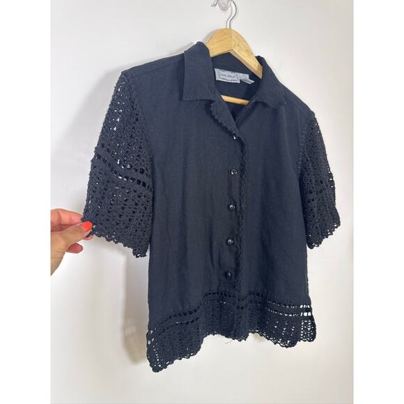 Jane Ashley Vintage Crochet Trim Linen Blend Black Button-Up Top, M - Picture 1 of 6